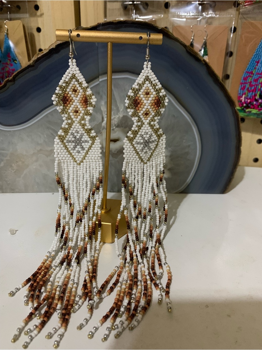 Boho White Fringe Beaded Earrings with Brown & Gold Accents